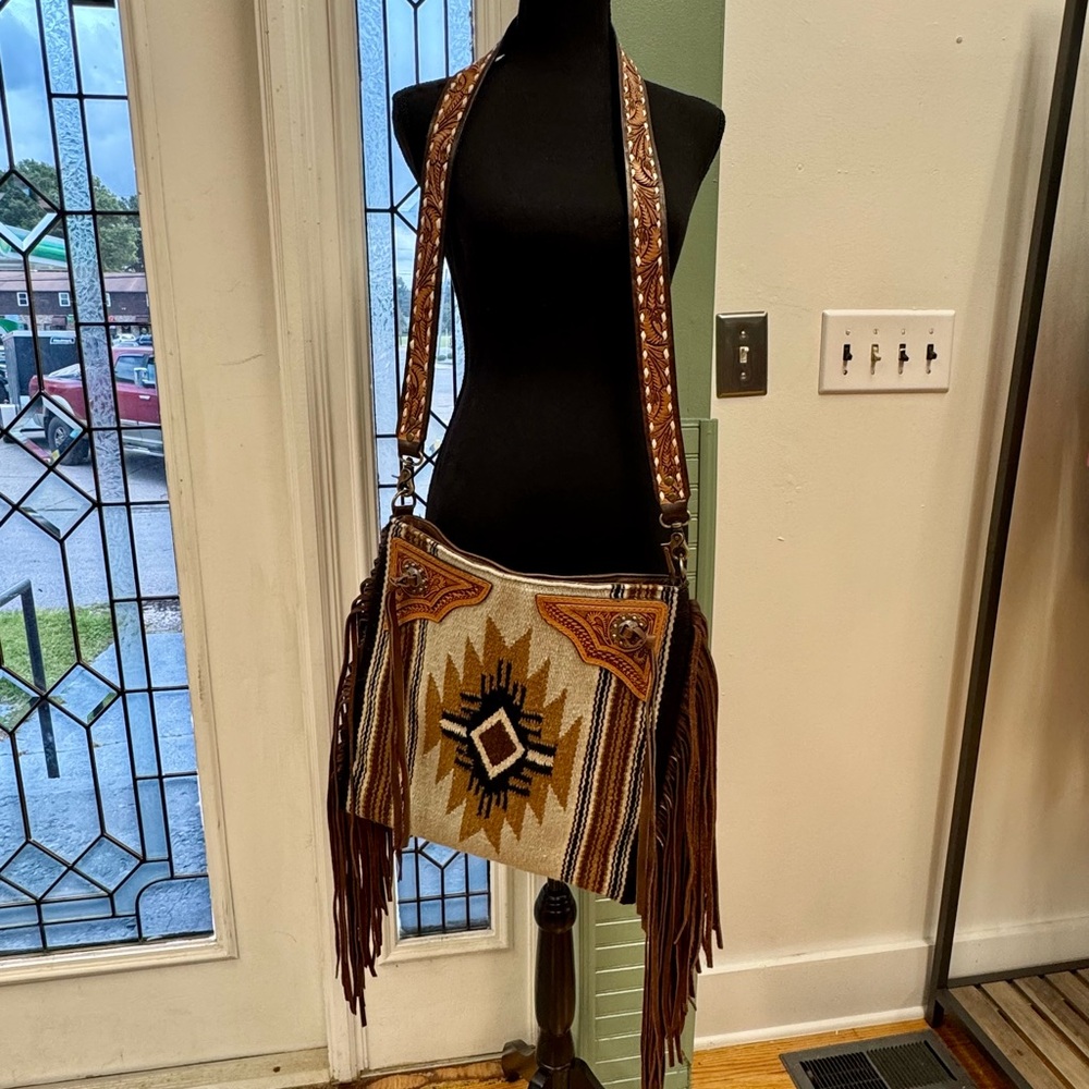American Darling Southwestern Fringed Crossbody in Brown and Tan